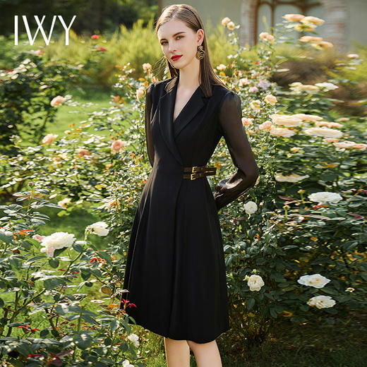 IWY/黑色连衣裙女遮肉显瘦接拼西服裙子正式场合国风长袖裙子春季Q729 商品图1