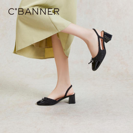 千百度真皮拼接时装凉鞋女款夏季粗中跟后空包头凉鞋通勤A24251680 商品图4