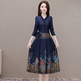 春季新款，中长款长袖A字裙复古长袖印花连衣裙QYM-JJ-6628039-Y