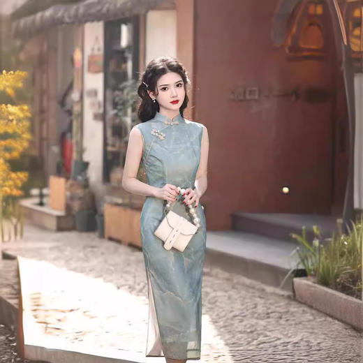 春夏新款网纱印花双层中长款旗袍，复古优雅民国风改良无袖旗袍SJT618 商品图1