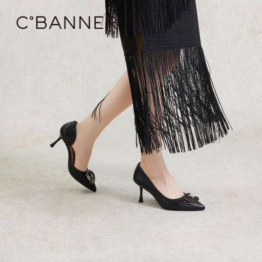 千百度半凉细高跟鞋女夏季通勤浅口尖头羊皮单鞋中空气质A24257729 商品图4