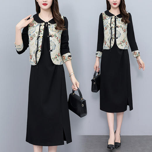 NYL- 8223大码女装马甲+连衣裙春季新款新中式国风连衣裙两件套装 商品图0