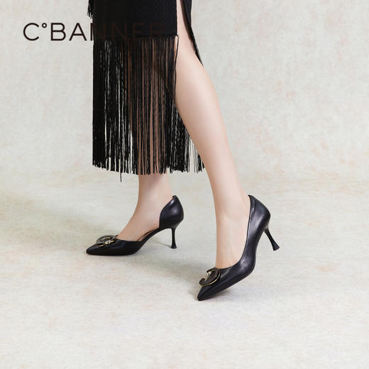 千百度半凉细高跟鞋女夏季通勤浅口尖头羊皮单鞋中空气质A24257729 商品图0