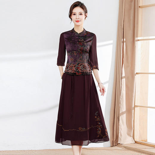 春夏新款，中袖国风上衣半身网纱裙套装改良旗袍气质连衣裙两件套QYM-XY-23X8935-Y 商品图1