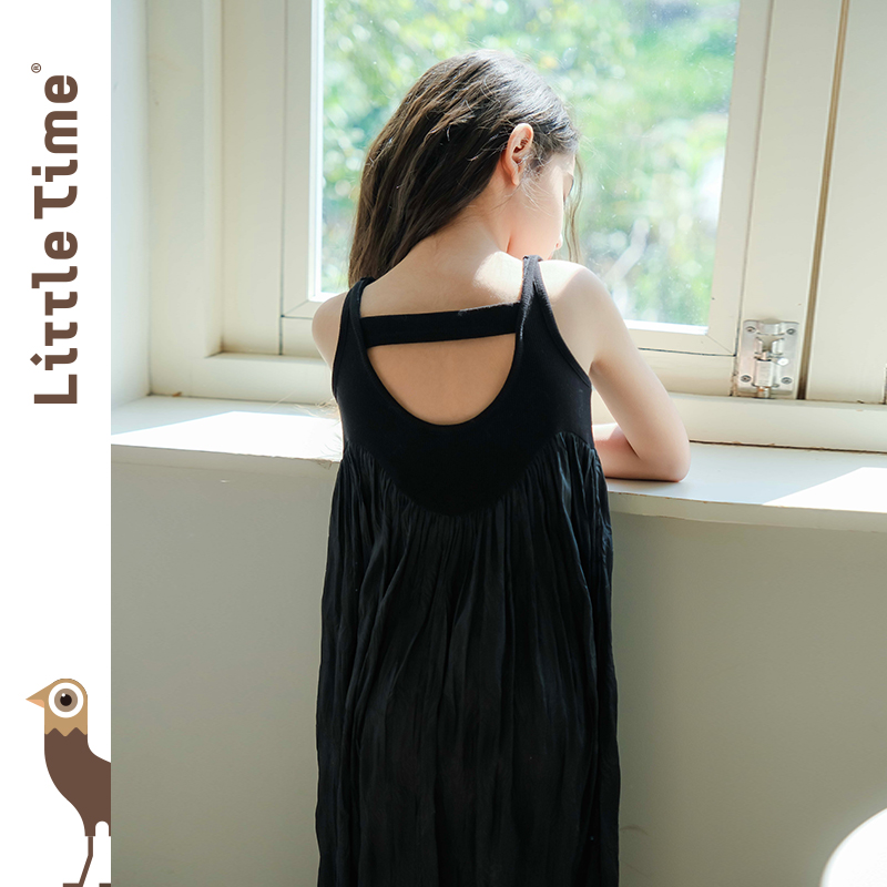 littletime女童黑色连衣裙2024春秋新款复古肌理裙春夏无袖吊带裙