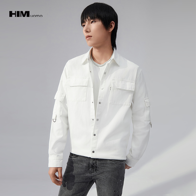 HIM漢崇 舒适透气潮流牛仔衬衫简约白休闲工装衬衣外套 2025秋季
