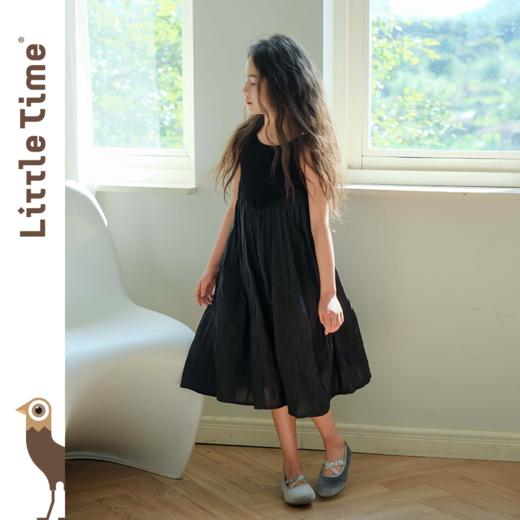 littletime女童黑色连衣裙2024春秋新款复古肌理裙春夏无袖吊带裙 商品图4