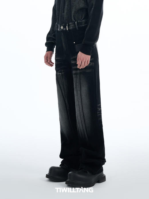 TIWILLTANG启世录“尘埃禁锢”猫须渐变拼接全棉水洗压皱牛仔裤 商品图1