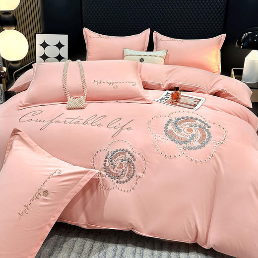 TZW-北欧风花开富贵纯色刺绣四件套床单被罩可裸睡亲肤款床上用品 商品图9