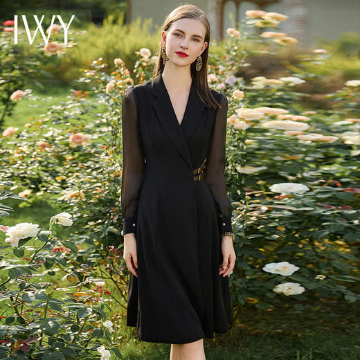 IWY/黑色连衣裙女遮肉显瘦接拼西服裙子正式场合国风长袖裙子春季Q729 商品图0