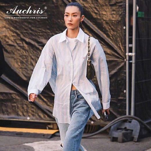 AUChris刘雯同款  男友风刺绣蓝白条纹衬衫ACXMJ3374[福利品] 商品图0