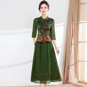 春夏新款，中袖国风上衣半身网纱裙套装改良旗袍气质连衣裙两件套QYM-XY-23X8935-Y