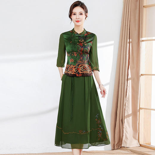 春夏新款，中袖国风上衣半身网纱裙套装改良旗袍气质连衣裙两件套QYM-XY-23X8935-Y 商品图0