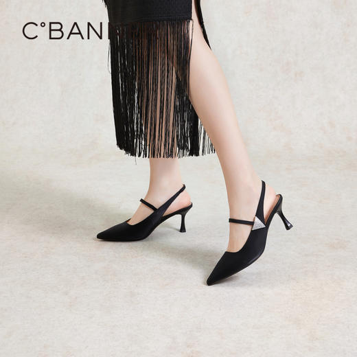 千百度绝美后空凉鞋女夏季细高跟鞋牛皮通勤外穿尖头单鞋A24264242 商品图0