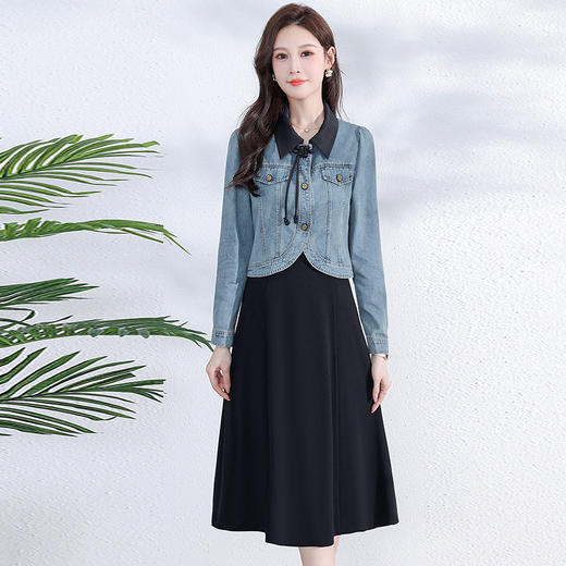 牛仔外套时尚春季新款，中长款黑色打底裙两件套连衣裙QYM-YM-A1808-Y 商品图0