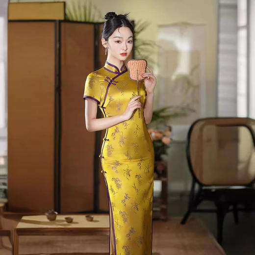 春夏新款，日常修身金色高考走秀长款中老年气质改良旗袍XL-24093 商品图3
