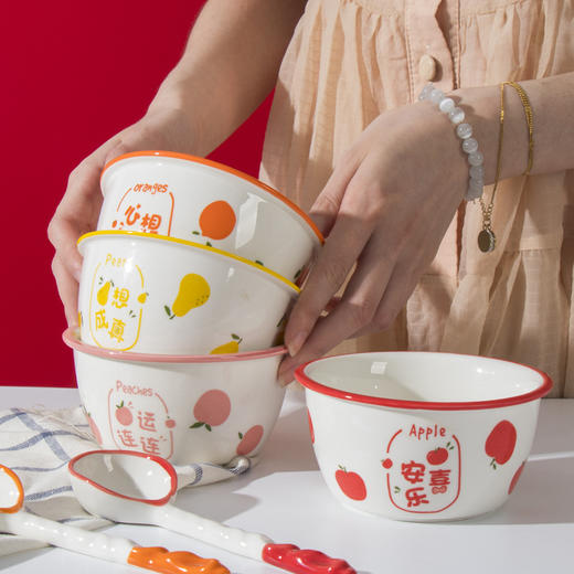 【大号彩碗2个装】家用水果祝福卡通系列陶瓷碗 大号汤碗釉下彩厚边碗 商品图0