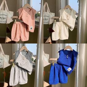 【儿童背心套装，夏日必备！】新款儿童背心套装宝宝短袖两件套，夏季童装华夫格潮童套装潮，带来清爽舒适的穿着体验！-lm