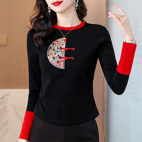 KQL-8003新中式国风刺绣长袖T恤复古盘扣气质撞色短款上衣