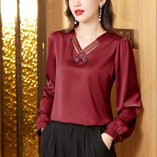 SMZ15139中国风盘扣衬衫女春季2024新款长袖缎面上衣复古洋气中年妈妈小衫 商品图1