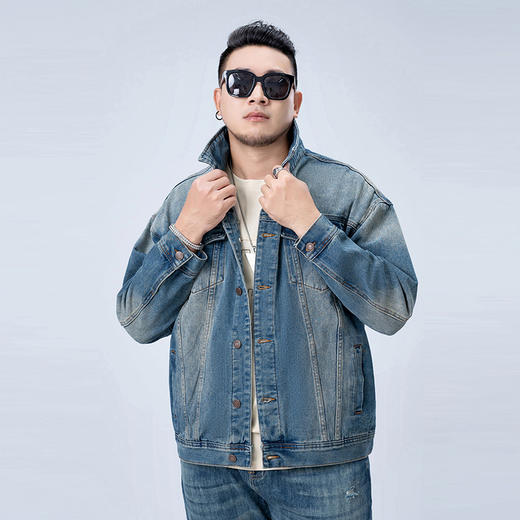 【Q】【新款DMH】大依优型大码牛仔外套潮牌男装胖子春翻领工装飞行夹克宽松外套男 商品图3