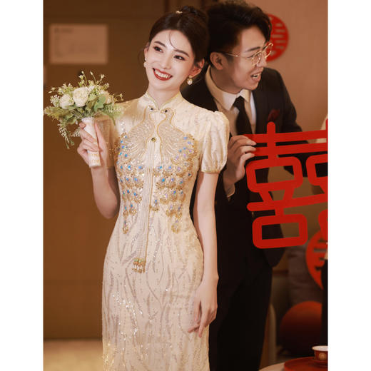 香槟金色鱼尾旗袍新娘重工时尚潮流走秀敬酒旗袍 商品图2