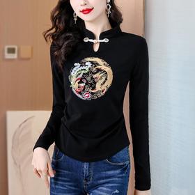 短款立领国风刺绣，新中式盘扣打底衫KQL-355H8002