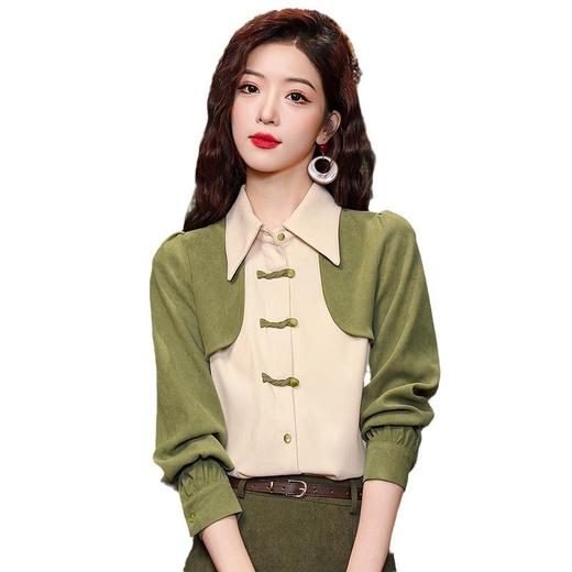 KQL-8603新中式国风长袖衬衫女春季春装新款假两件雪纺复古盘扣上衣 商品图4