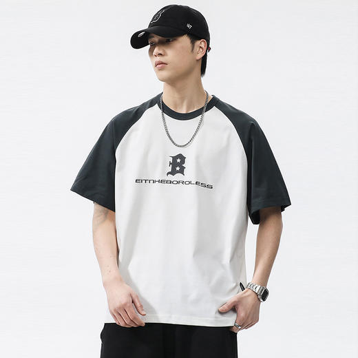 【新款DQ】大依优型大码短袖T恤圆领印花拼接插肩加肥加大男士大号弹力透气舒适半袖夏装潮款 商品图0