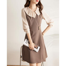 AHM-5376法式拼接翻领假两件连衣裙春季新款撞色设计感收腰显瘦A字裙