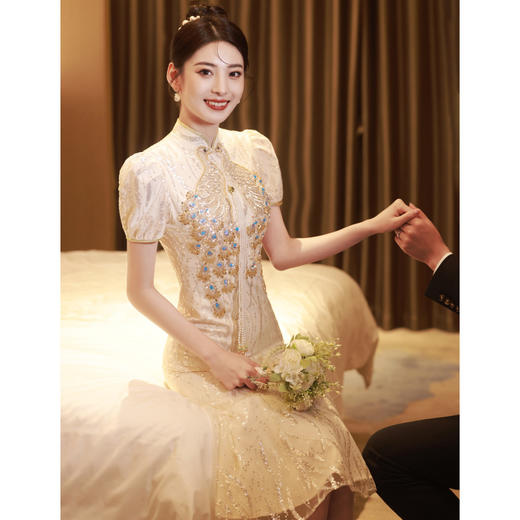 香槟金色鱼尾旗袍新娘重工时尚潮流走秀敬酒旗袍 商品图1