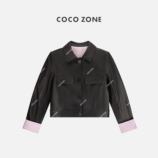 COCO ZONE 新中式皮衣翻领领短款气质羊皮夹克外套 CC2A0168 商品图0