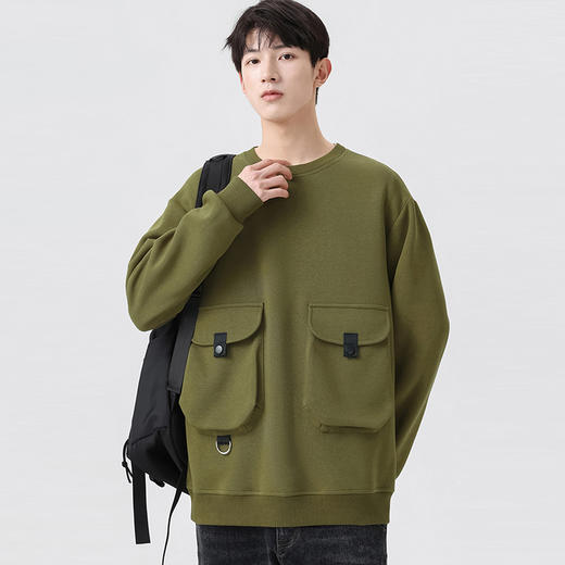 【新款DSL】大依优型大码圆领卫衣大口袋工装长袖加肥加大胖子上衣男士T恤肥佬打底男装 商品图1