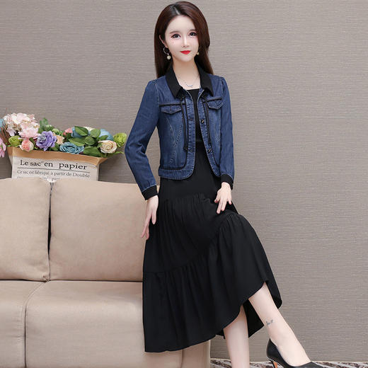 QYMJJ-6628036-Y 牛仔开衫外套无袖背心裙中长款连衣裙2024年新款小香风外套两件套 商品图1
