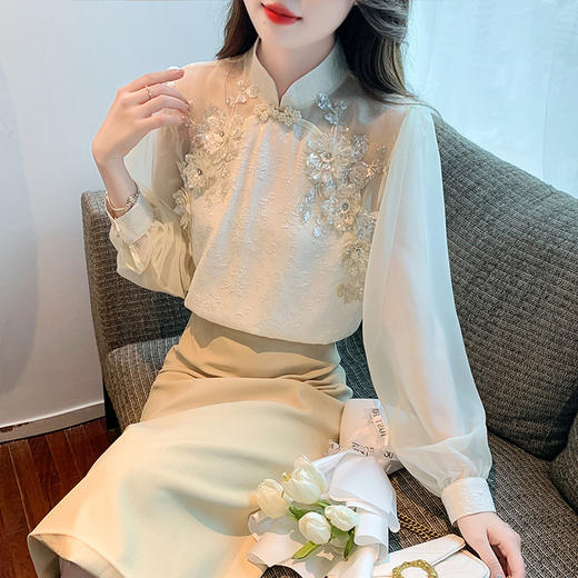 KQL-1361中国风复古盘扣立领雪纺衬衫女春装小众设计感上衣高级感重工小衫 商品图2