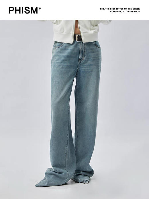 水洗牛仔廓形毛边长裤 商品图0