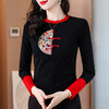 KQL-8003新中式国风刺绣长袖T恤复古盘扣气质撞色短款上衣 商品缩略图1