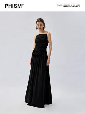 抽褶细肩带连衣裙