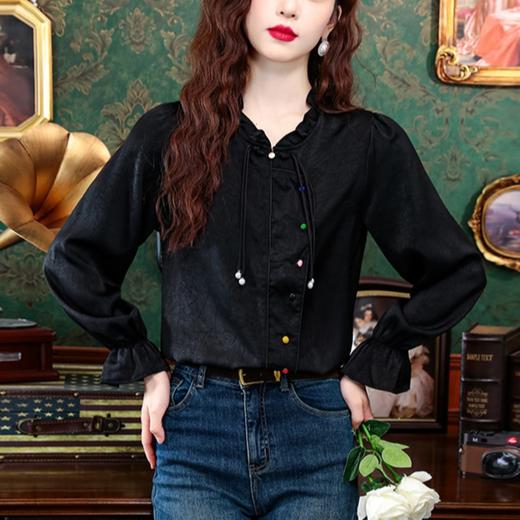 设计感气质盘扣，法式木耳边长袖国风衬衫KQL-355H8006 商品图3