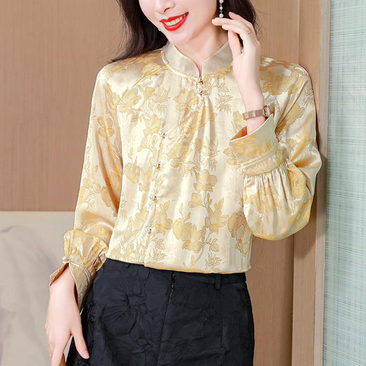 KQL-1878新中式衬衫春秋新款原创中国风女装香槟色改良提花衬衣上衣 商品图1