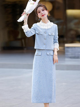 拼接百褶小香风套装2024年春季气质时尚优雅法式两件套裙HR-YWY8923