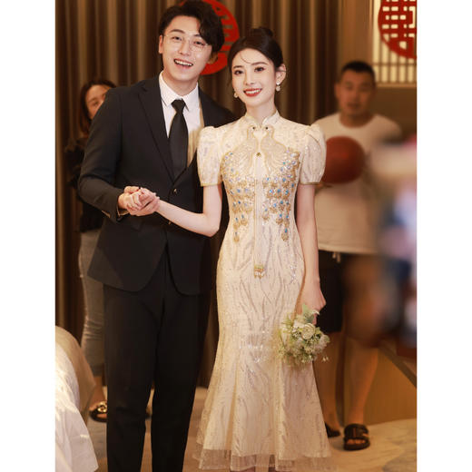 香槟金色鱼尾旗袍新娘重工时尚潮流走秀敬酒旗袍 商品图0