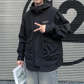 【新款DPX】大依优型大码大口袋工装连帽假两件外套夹克男装胖子春夹克宽松外套男
