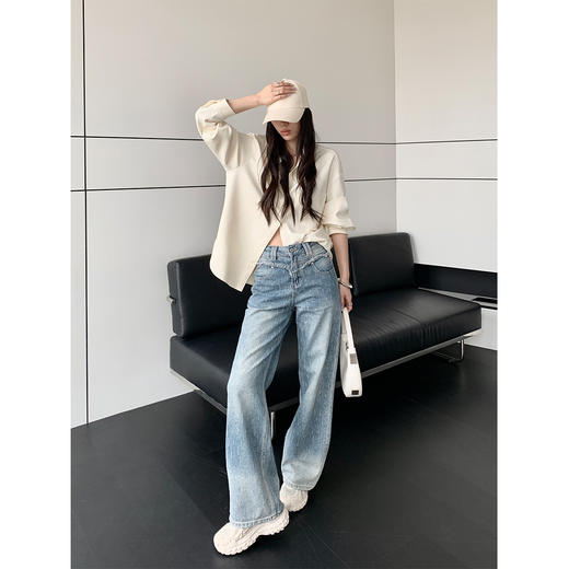 PAPERLLL重工竹节阔腿直筒牛仔裤女2024年新款时尚潮流高腰长裤 商品图2