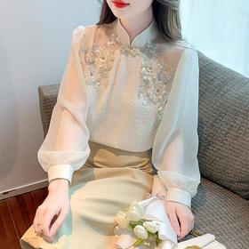 KQL-1361中国风复古盘扣立领雪纺衬衫女春装小众设计感上衣高级感重工小衫