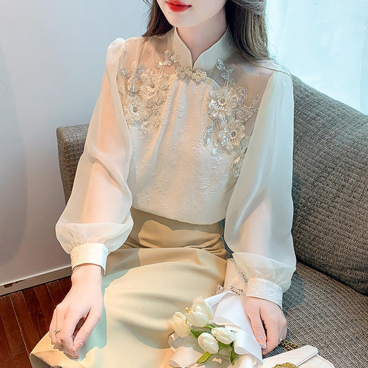 KQL-1361中国风复古盘扣立领雪纺衬衫女春装小众设计感上衣高级感重工小衫 商品图0