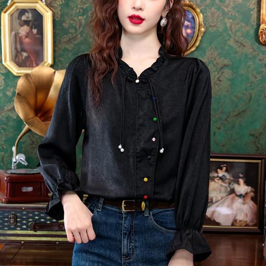 设计感气质盘扣，法式木耳边长袖国风衬衫KQL-355H8006 商品图0