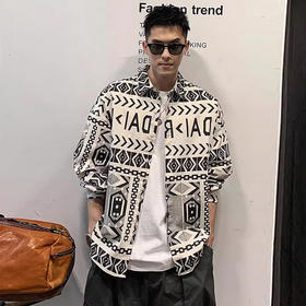 【新款DPX】大依优型大码满印衬衫长袖外套潮牌男装胖子翻领工装夹克宽松外套男