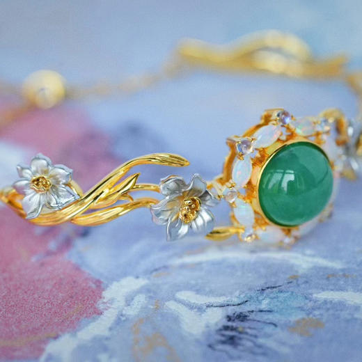 龢盒原创 盈盈水中仙 仙气十足的水仙花9k金镶翡翠手镯 商品图1