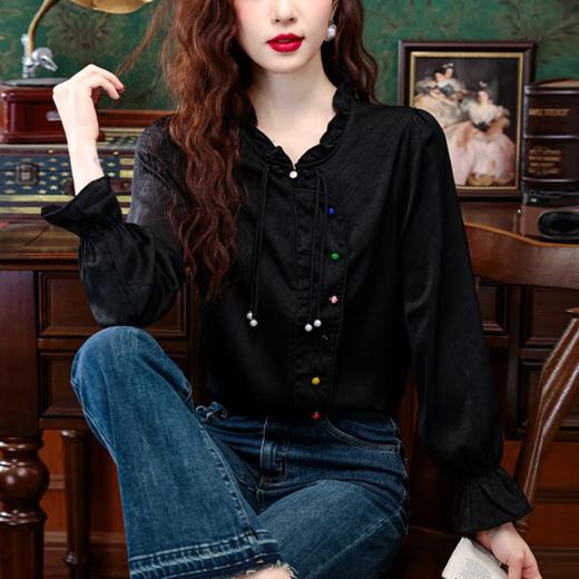 设计感气质盘扣，法式木耳边长袖国风衬衫KQL-355H8006 商品图1